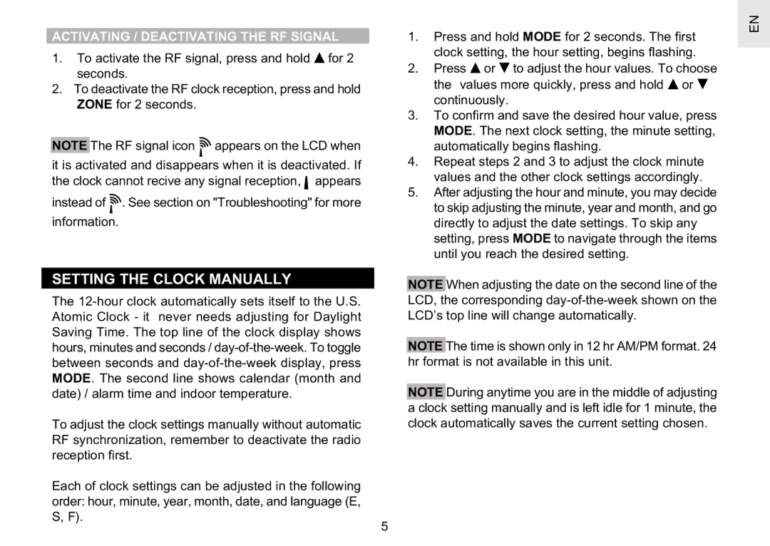 Oregon Scientific RM622PA user manual Setting the Clock Manually, Activating / Deactivating the RF Signal 