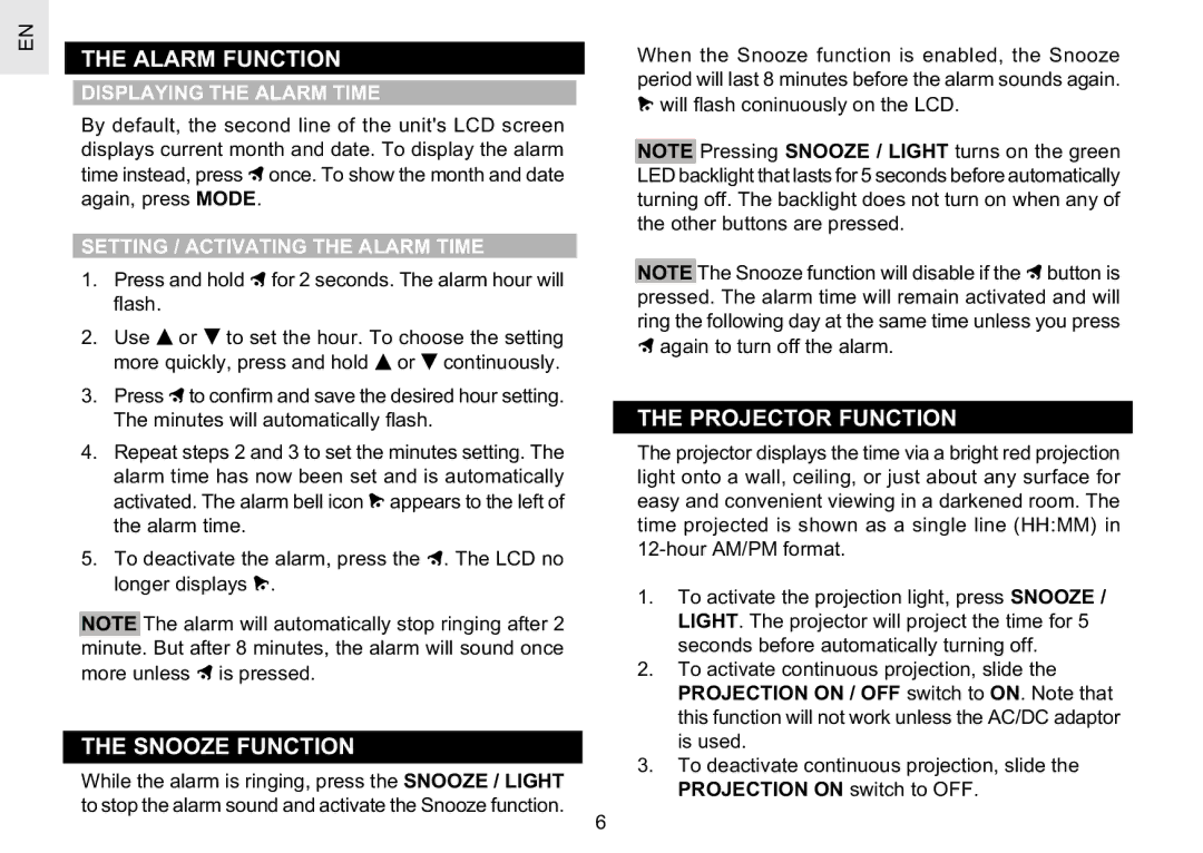 Oregon Scientific RM622PA user manual Alarm Function, Snooze Function, Projector Function, Displaying the Alarm Time 