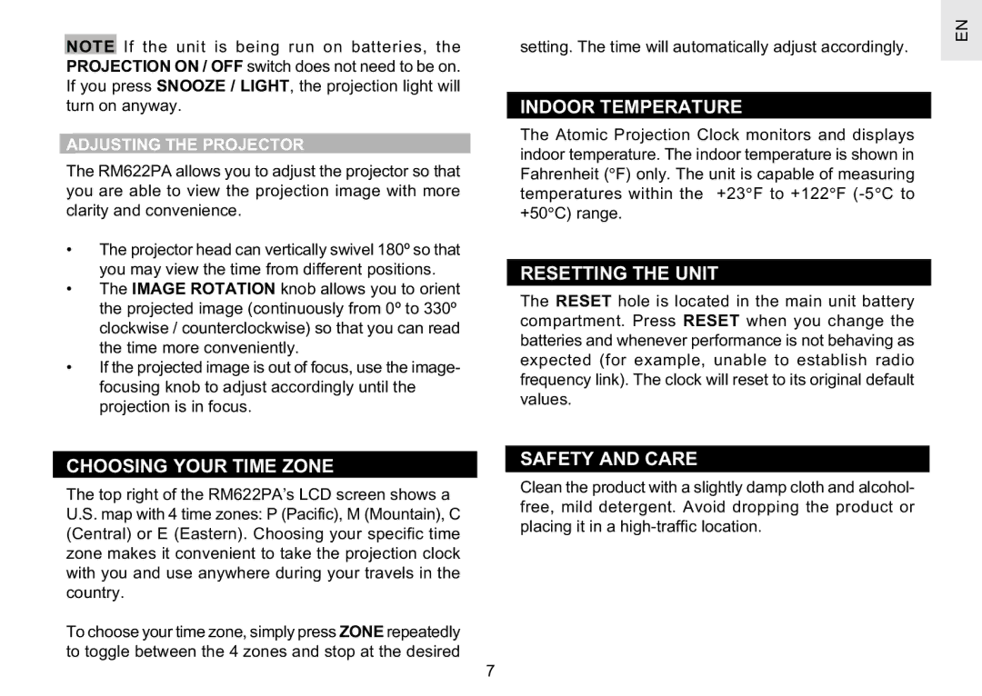 Oregon Scientific RM622PA user manual Indoor Temperature, Resetting the Unit, Choosing Your Time Zone, Safety and Care 