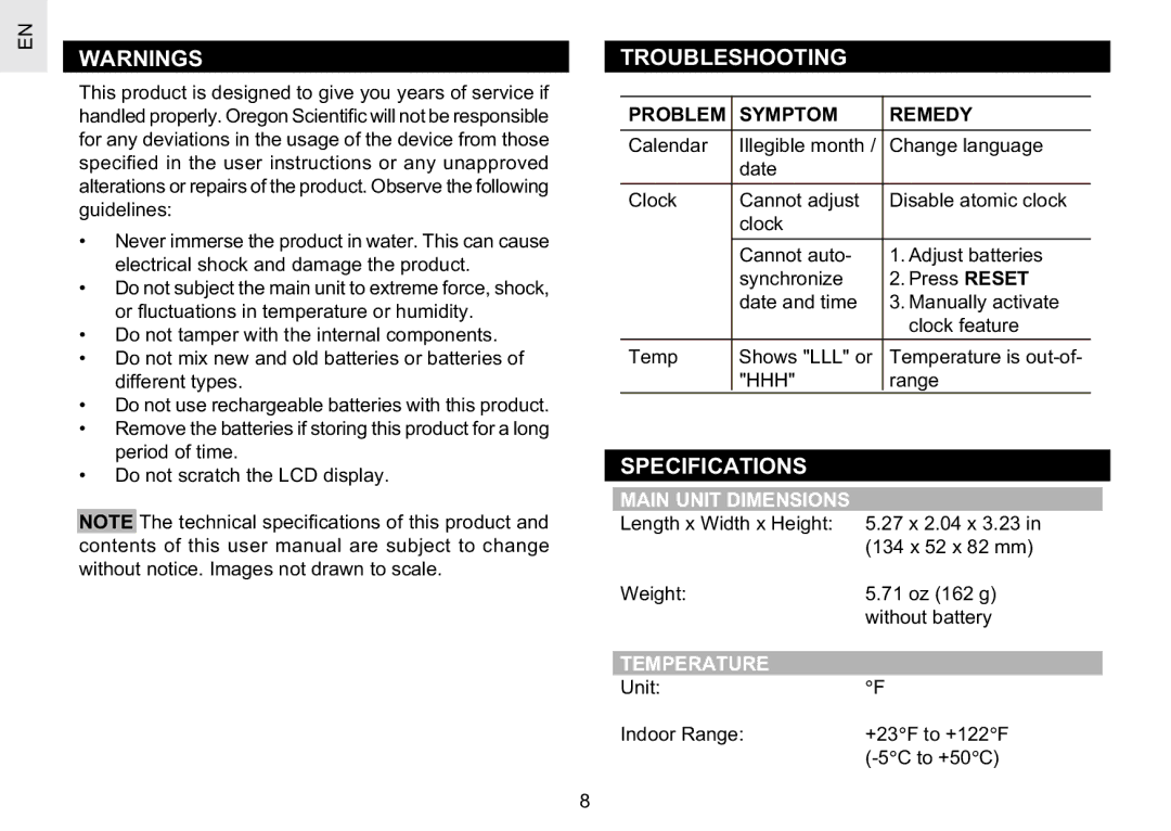 Oregon Scientific RM622PA user manual Troubleshooting, Specifications, Main Unit Dimensions, Temperature 