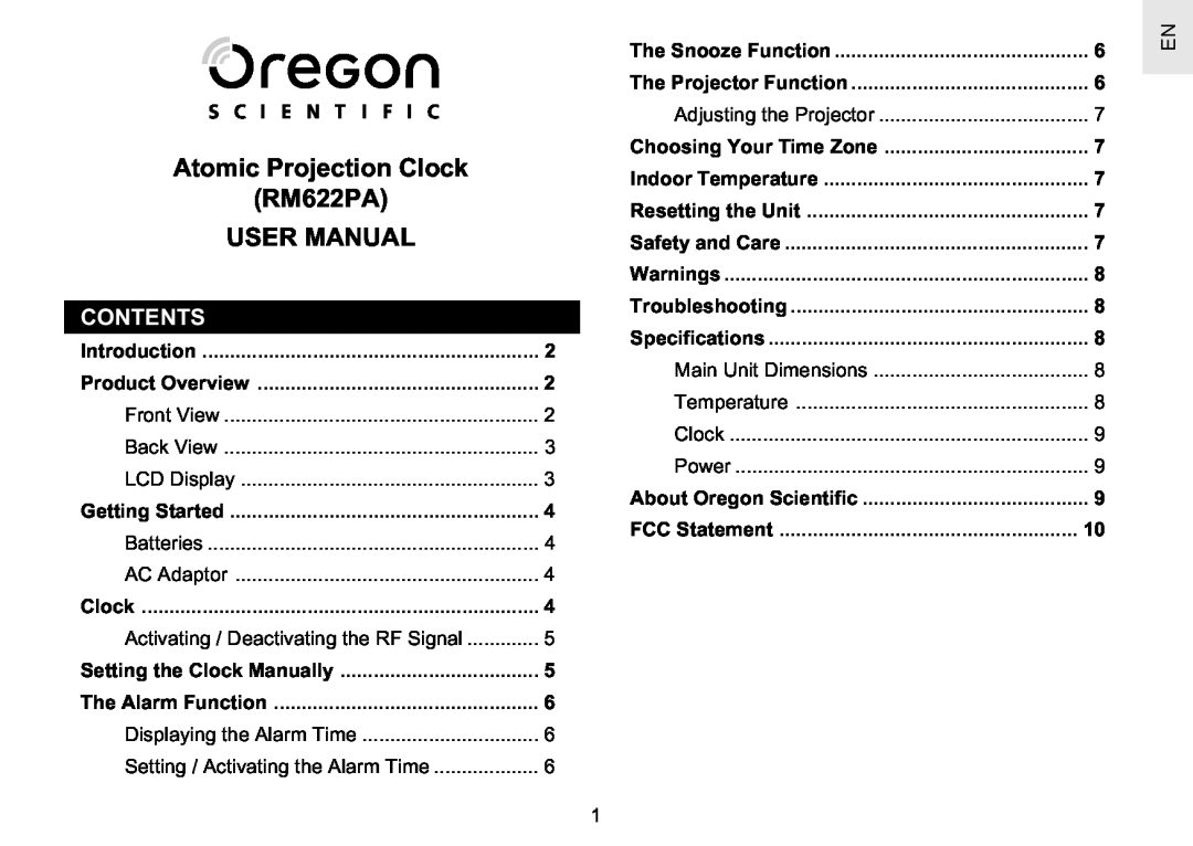 Oregon Scientific RM622PA user manual Contents, Adjusting the Projector, Main Unit Dimensions, Atomic Projection Clock 