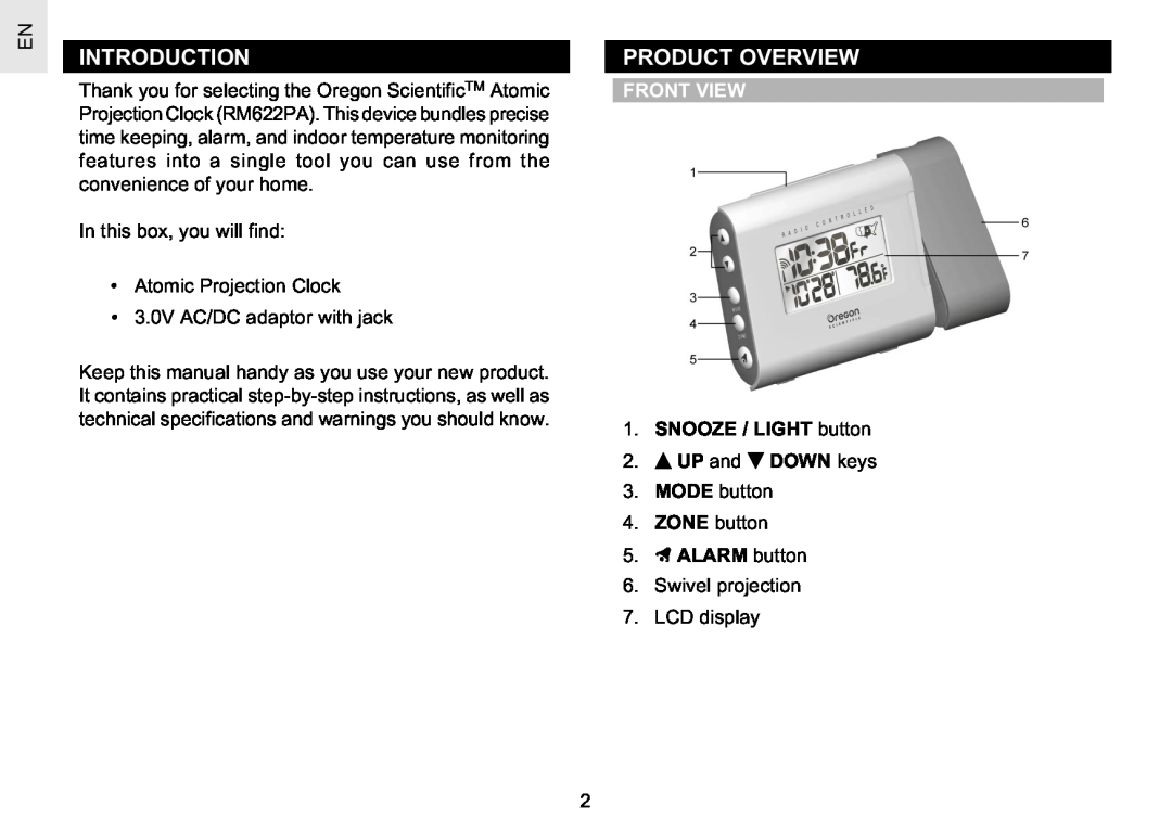 Oregon Scientific RM622PA user manual Introduction, Product Overview, Front View, SNOOZE / LIGHT button 2. UP and DOWN keys 