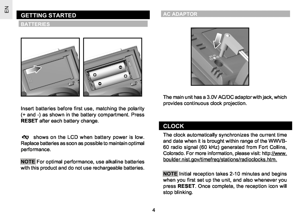 Oregon Scientific RM622PA user manual Getting Started, Clock, Batteries, Ac Adaptor 