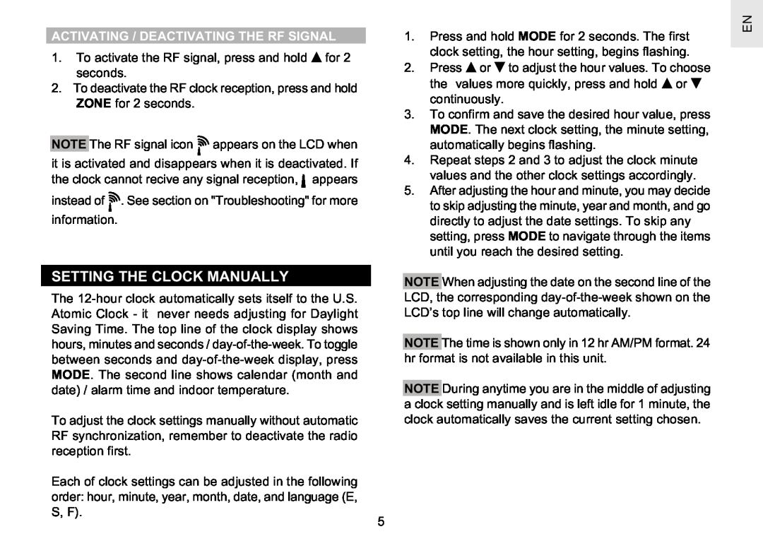 Oregon Scientific RM622PA user manual Setting The Clock Manually, Activating / Deactivating The Rf Signal 