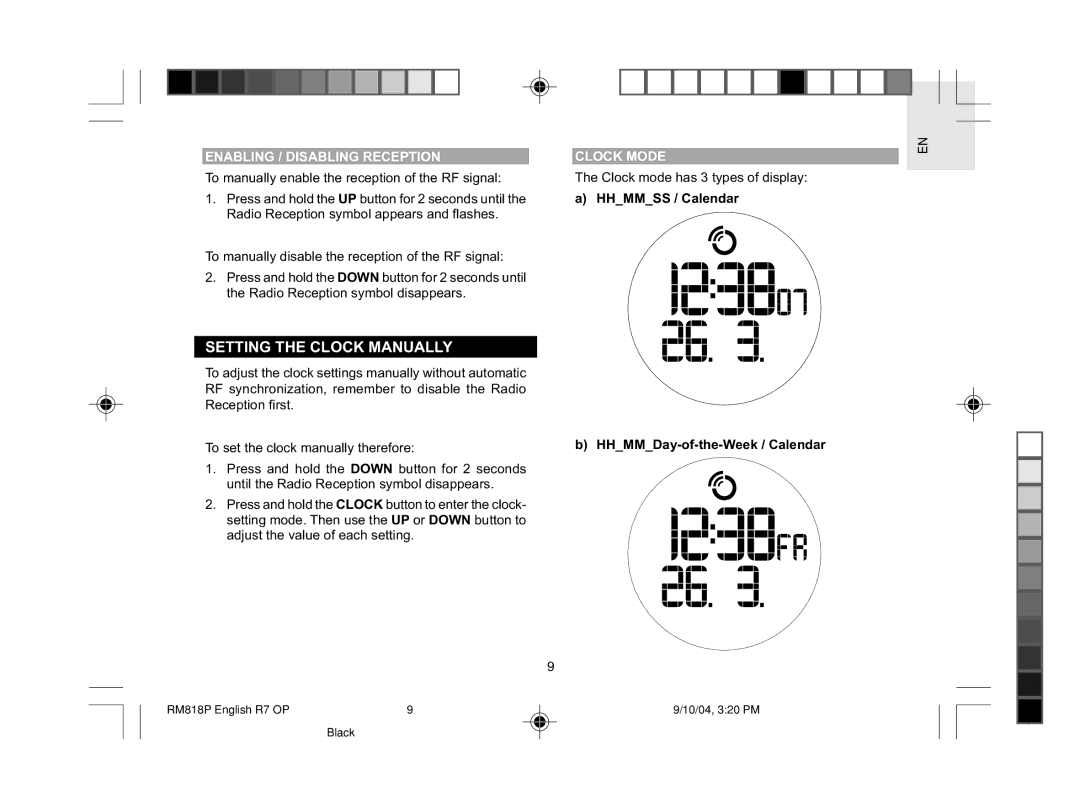 Oregon Scientific RM818P user manual Setting the Clock Manually, Enabling / Disabling Reception, Clock Mode 