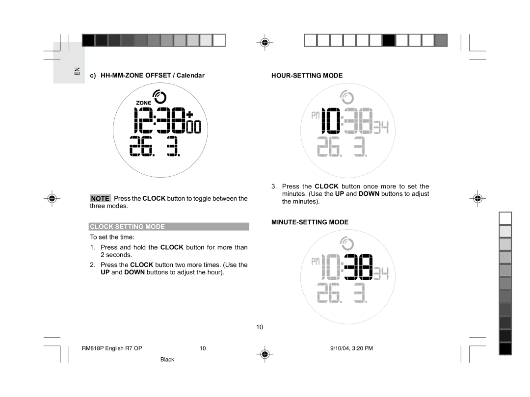 Oregon Scientific RM818P HH-MM-ZONE Offset / Calendar, Clock Setting Mode, HOUR-SETTING Mode, MINUTE-SETTING Mode 