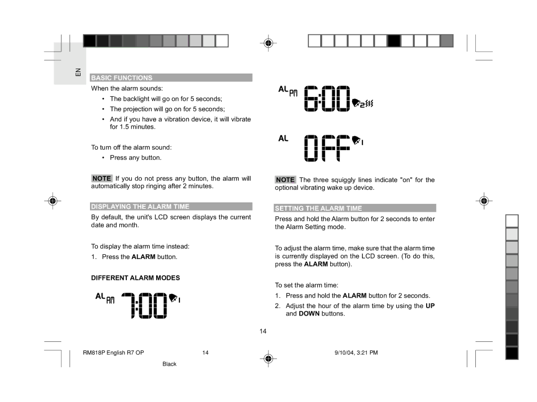 Oregon Scientific RM818P Basic Functions, Displaying the Alarm Time, Different Alarm Modes, Setting the Alarm Time 