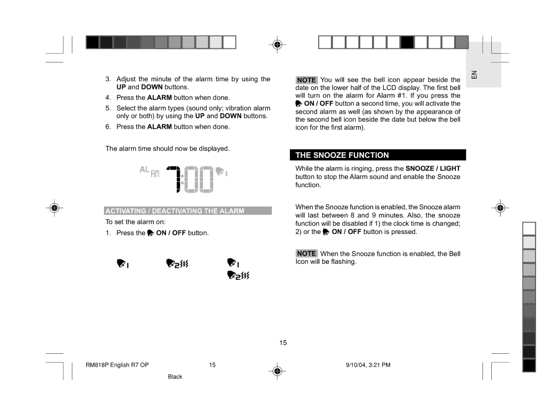 Oregon Scientific RM818P user manual Snooze Function, Activating / Deactivating the Alarm 