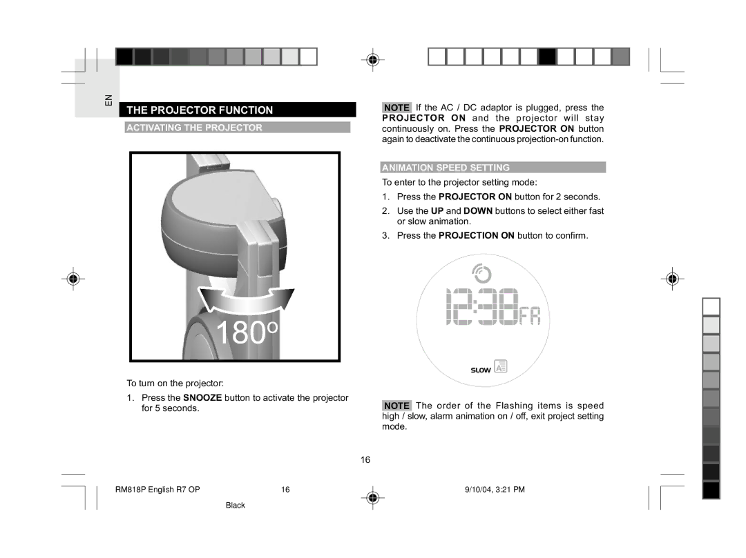 Oregon Scientific RM818P user manual Projector Function, Activating the Projector, Animation Speed Setting 