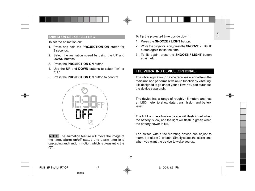 Oregon Scientific RM818P user manual Vibrating Device Optional, Animation on / OFF Setting 