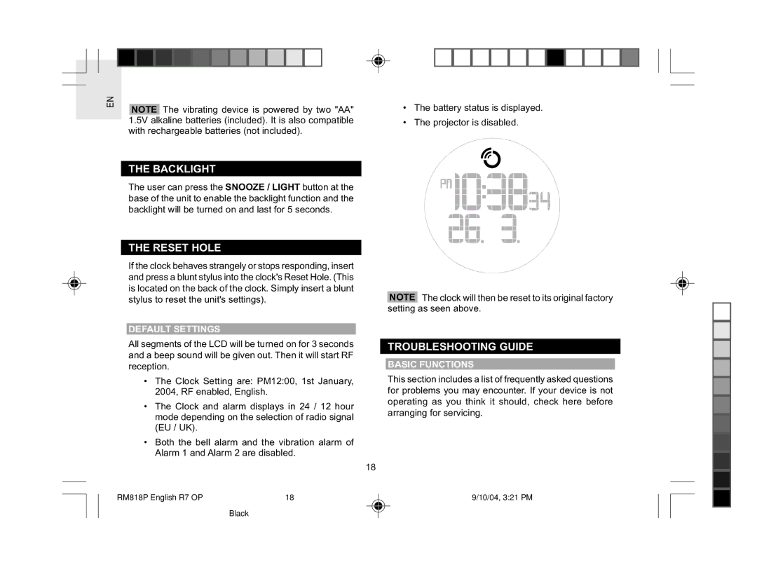 Oregon Scientific RM818P user manual Backlight, Reset Hole, Troubleshooting Guide, Default Settings 