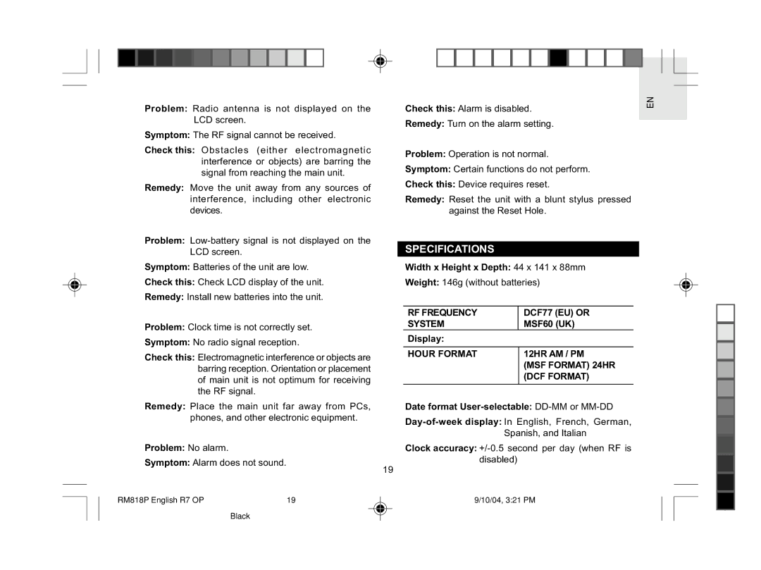 Oregon Scientific RM818P Specifications, RF Frequency DCF77 EU or System, Hour Format, MSF Format 24HR, DCF Format 