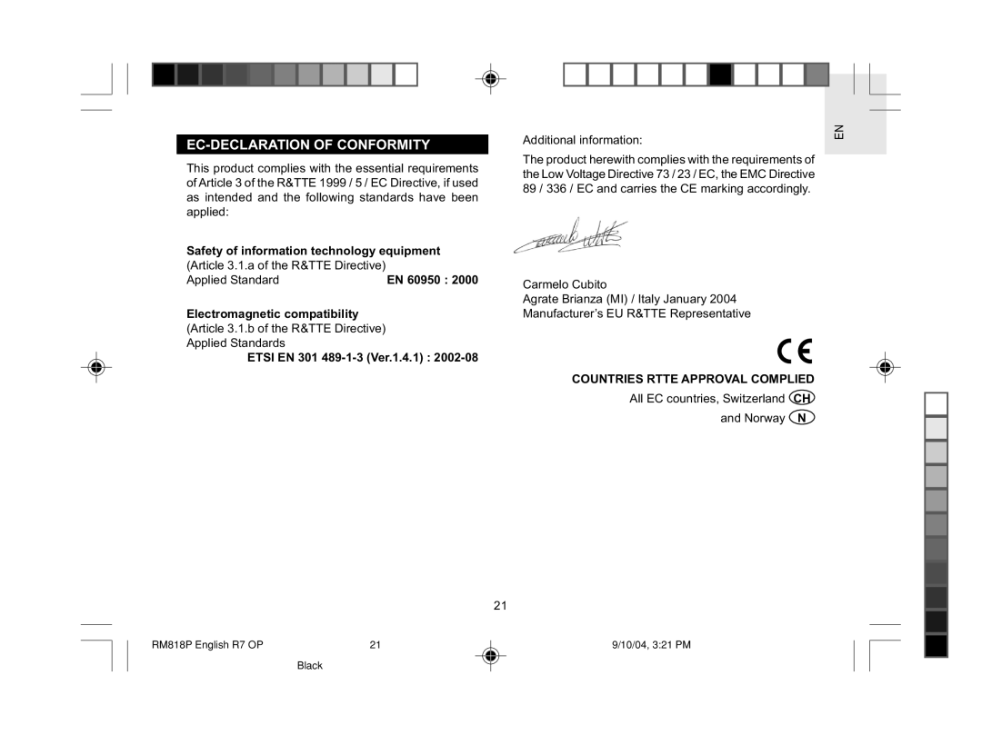 Oregon Scientific RM818P user manual EC-DECLARATION of Conformity, Safety of information technology equipment, EN 60950 