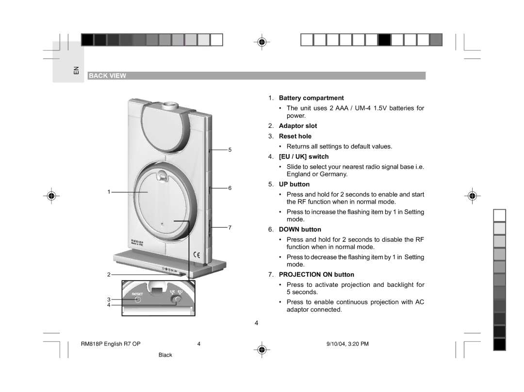 Oregon Scientific RM818P user manual Back View 