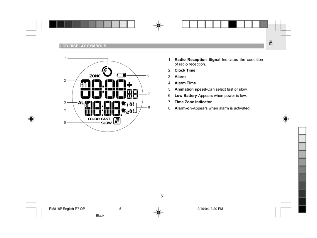 Oregon Scientific RM818P user manual LCD Display Symbols, Clock Time Alarm Alarm Time, Time Zone indicator 