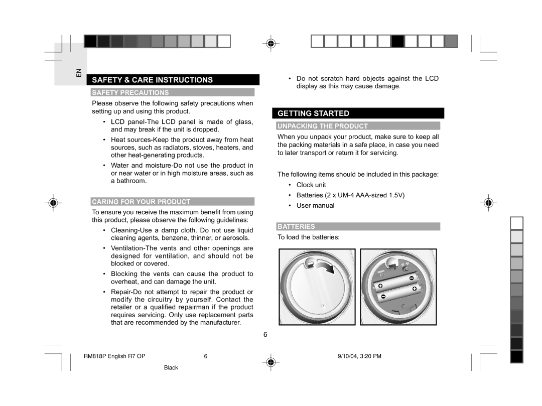 Oregon Scientific RM818P user manual Safety & Care Instructions, Getting Started 