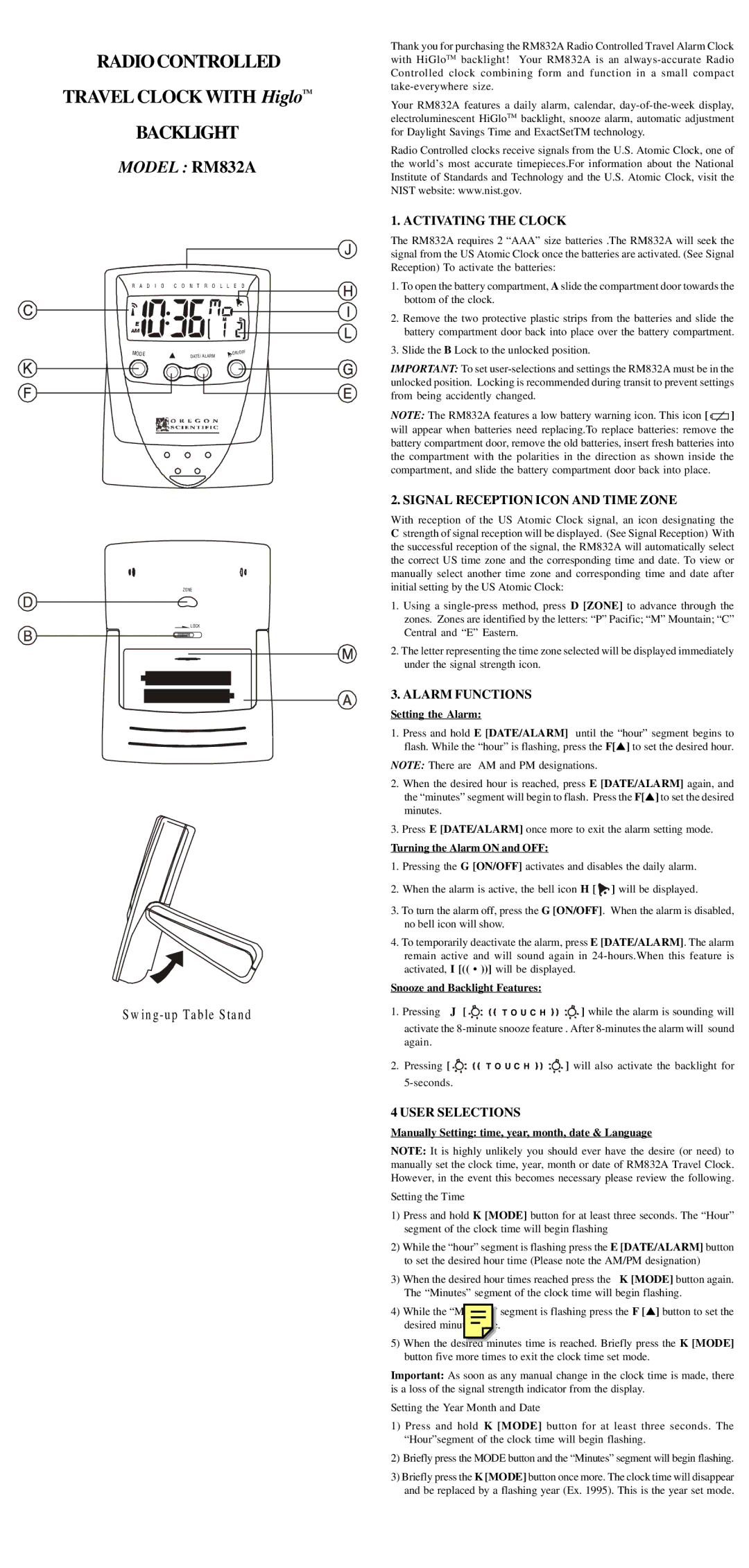 Oregon Scientific RM832A manual Activating the Clock, Signal Reception Icon and Time Zone, Alarm Functions 