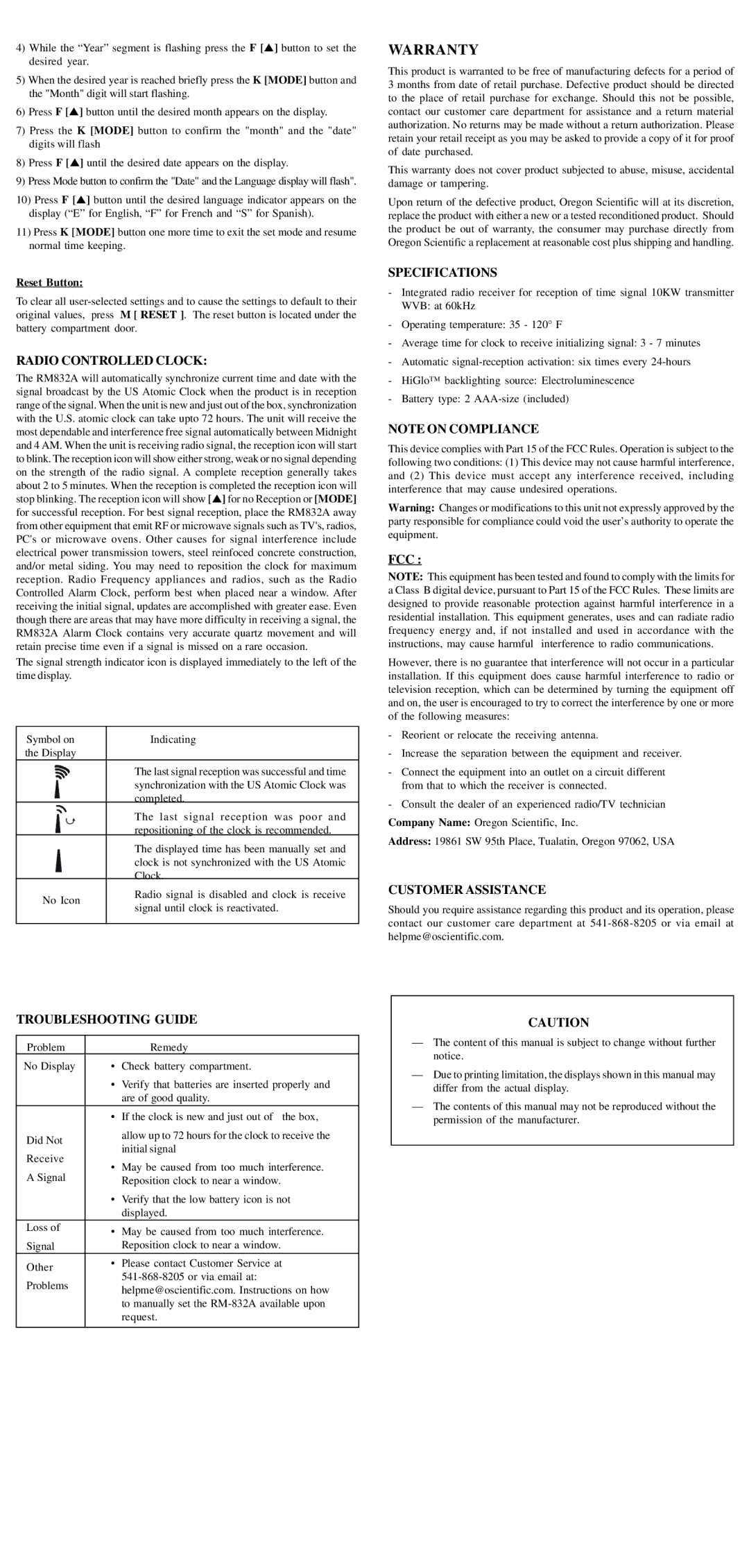 Oregon Scientific RM832A manual Radio Controlled Clock, Troubleshooting Guide, Specifications, Fcc, Customer Assistance 