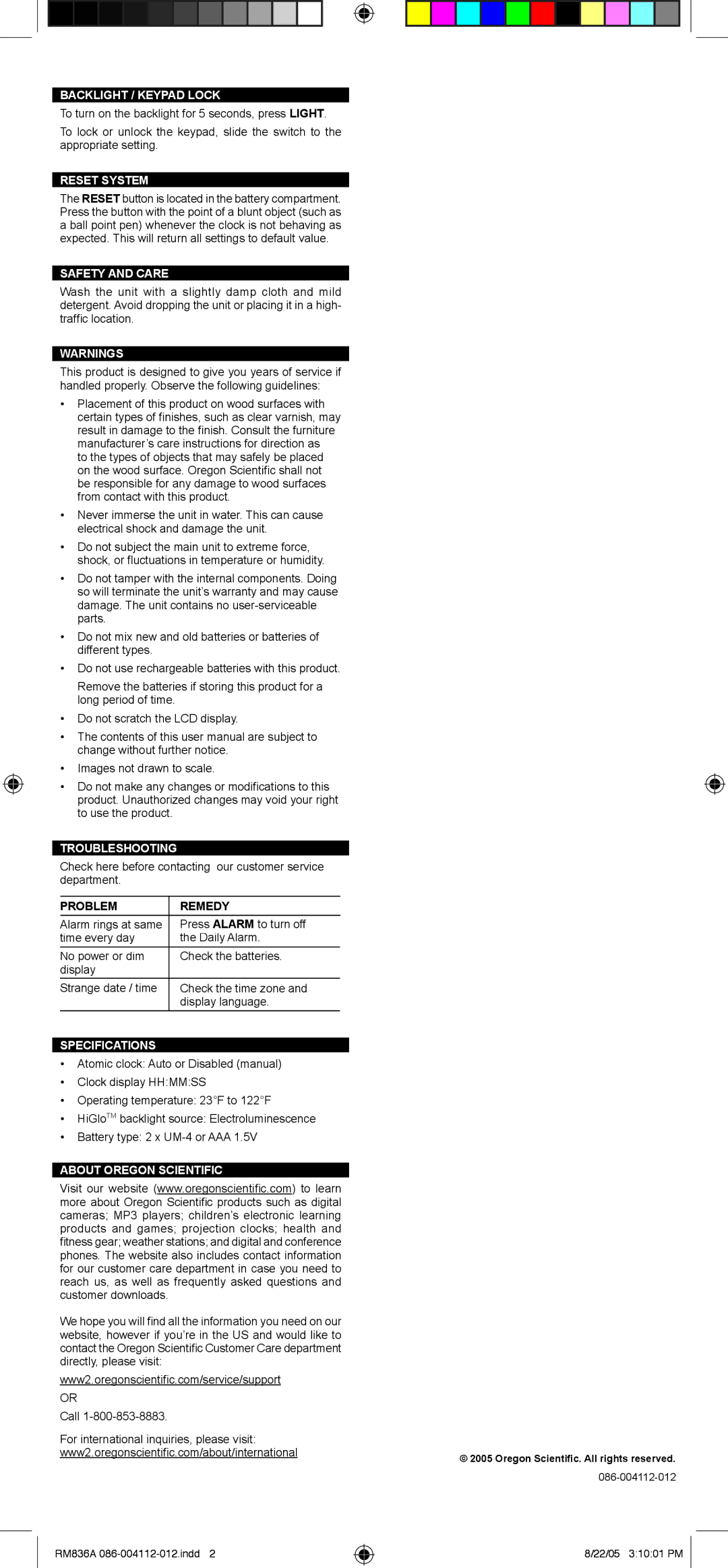 Oregon Scientific RM836A Backlight / Keypad Lock, Reset System, Safety and Care, Troubleshooting, Specifications 