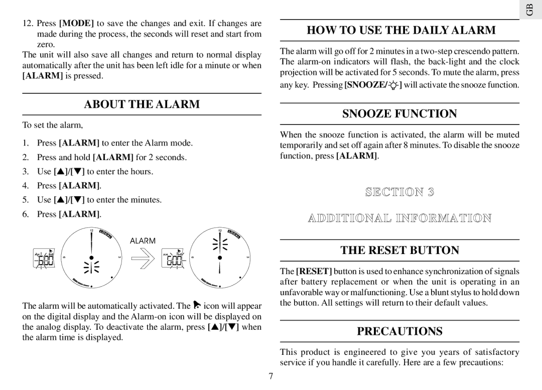 Oregon Scientific RM888PA user manual About the Alarm, HOW to USE the Daily Alarm, Snooze Function, Precautions 