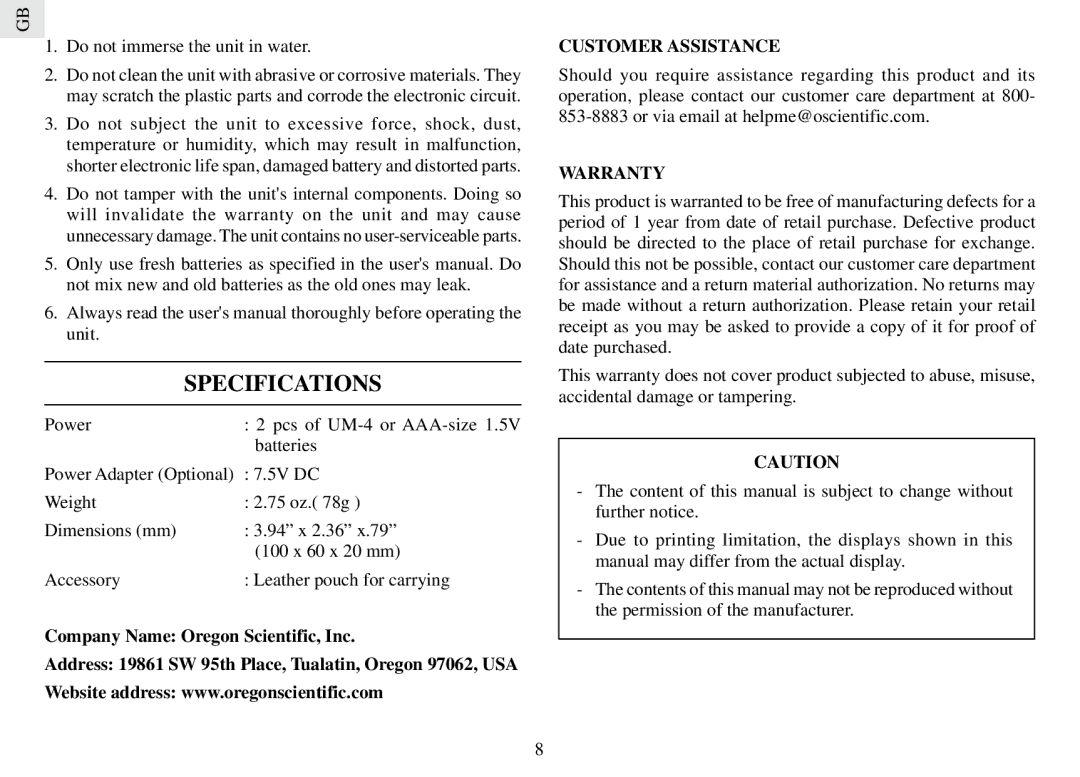 Oregon Scientific RM888PA user manual Specifications, Customer Assistance, Warranty 