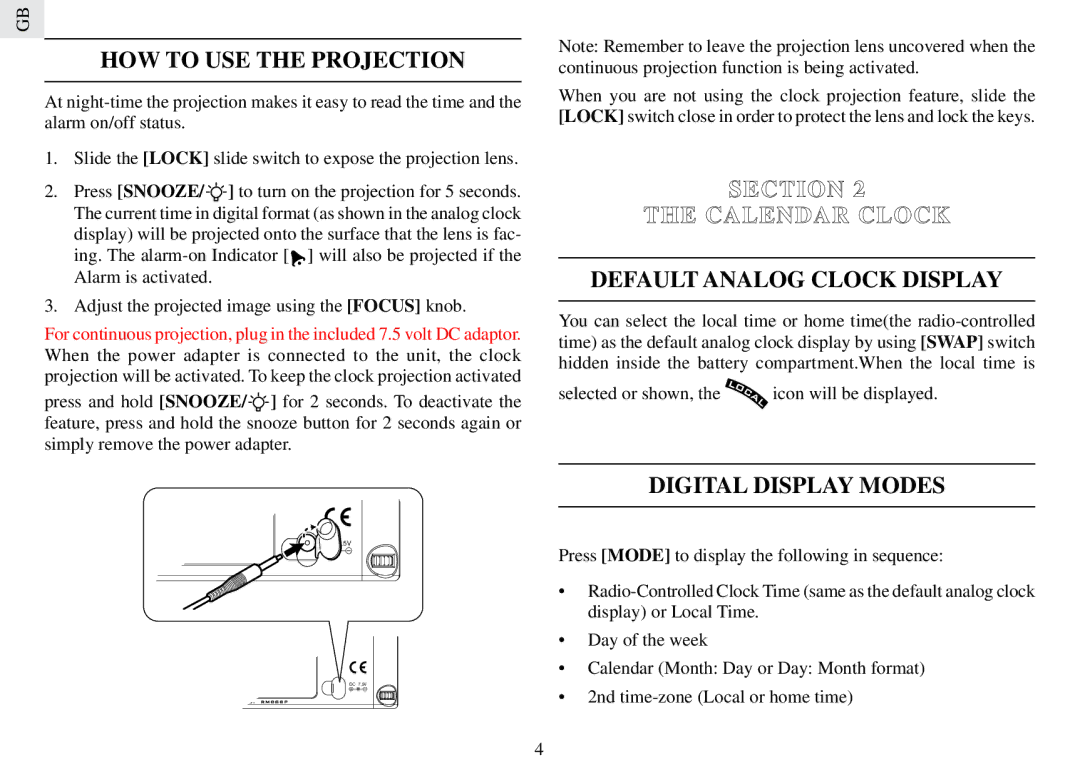 Oregon Scientific RM888PA user manual HOW to USE the Projection, Section Calendar Clock Default Analog Clock Display 