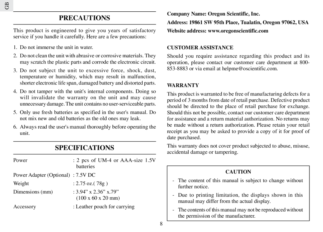 Oregon Scientific RM888PA user manual Precautions, Specifications, Customer Assistance, Warranty 