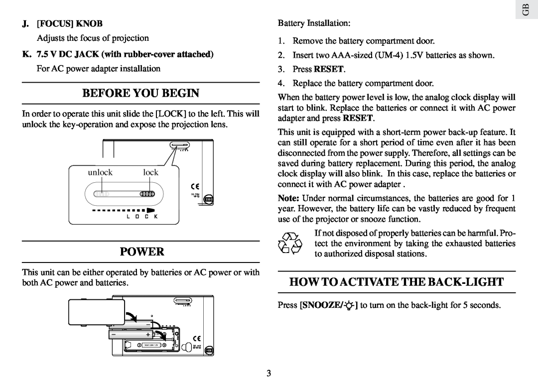 Oregon Scientific RM888PA user manual Before You Begin, Power, How To Activate The Back-Light, J. Focus Knob 