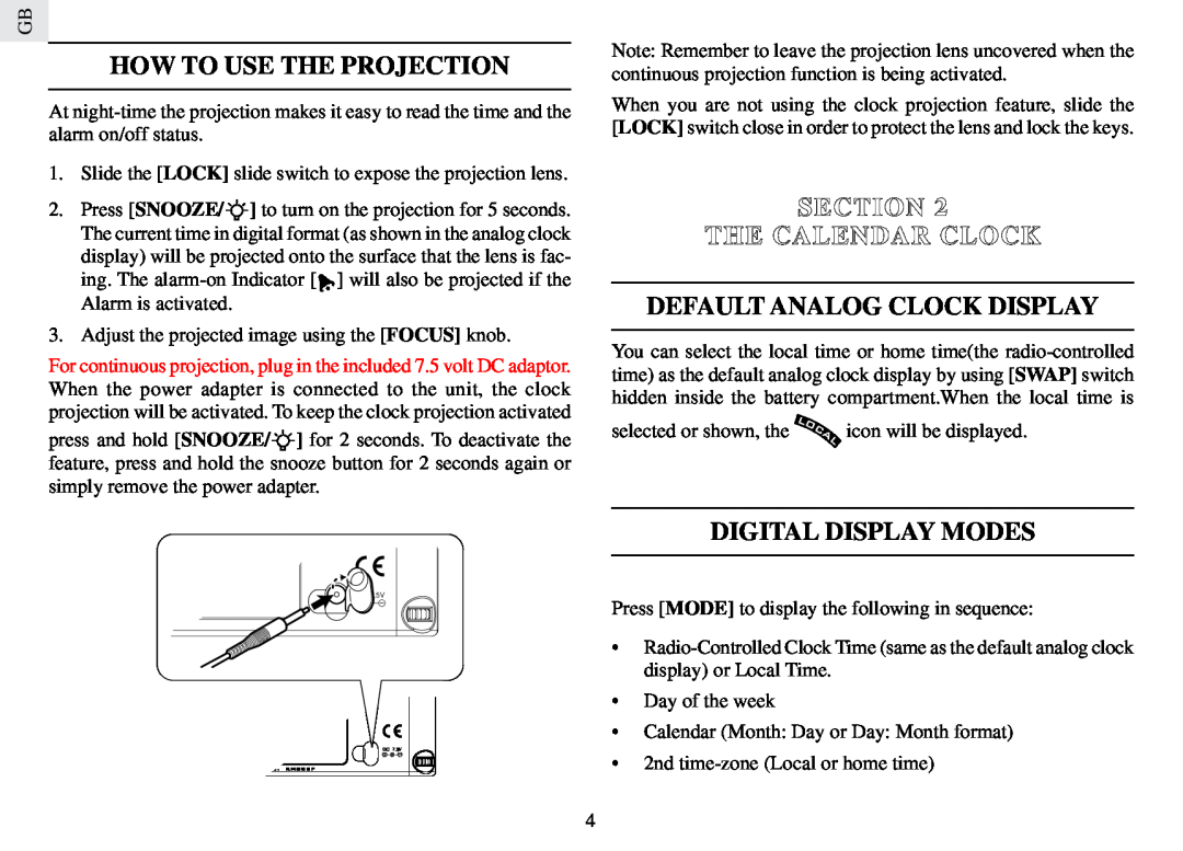 Oregon Scientific RM888PA user manual How To Use The Projection, Section The Calendar Clock Default Analog Clock Display 