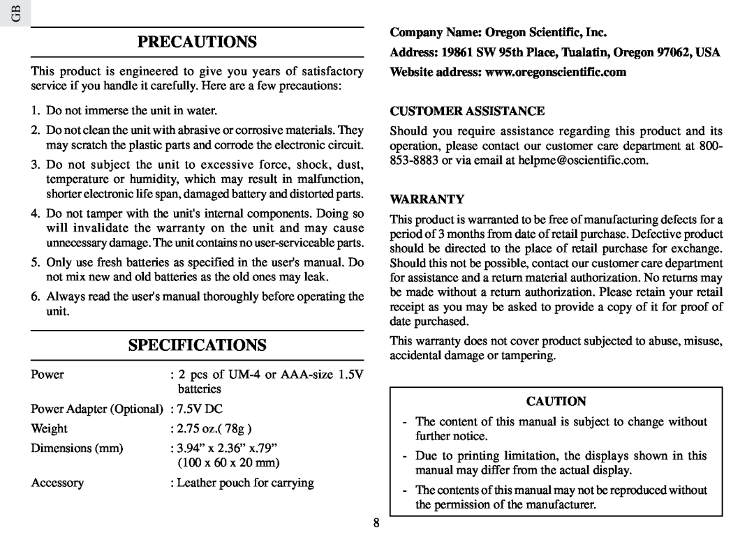 Oregon Scientific RM888PA Precautions, Specifications, Company Name Oregon Scientific, Inc, Customer Assistance, Warranty 