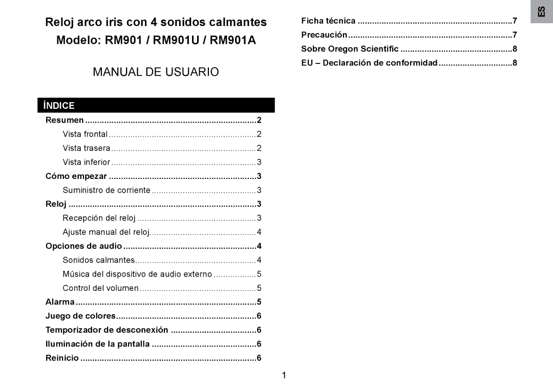 Oregon Scientific RM901A user manual Manual DE Usuario, Índice 