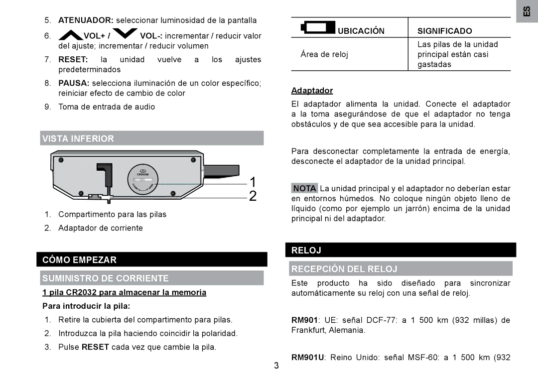 Oregon Scientific RM901A Vista Inferior, Cómo Empezar Suministro DE Corriente, Reloj Recepción DEL Reloj, Adaptador 