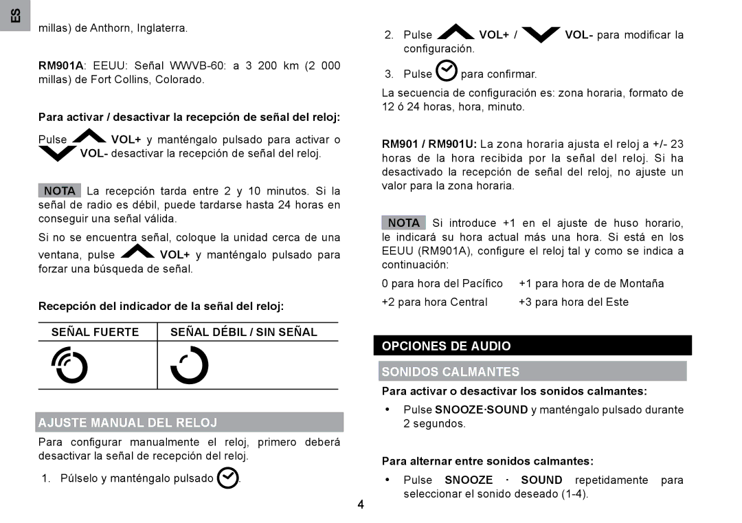 Oregon Scientific RM901A user manual Ajuste Manual DEL Reloj, Opciones DE Audio Sonidos Calmantes 