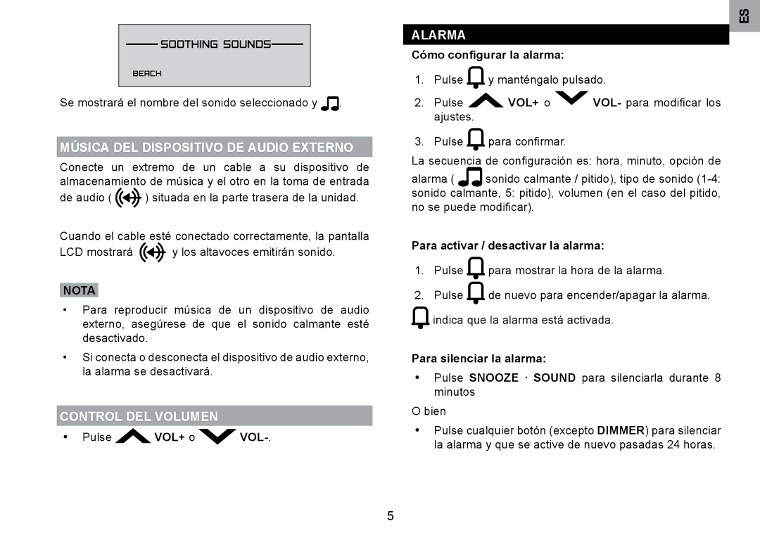 Oregon Scientific RM901A user manual Música DEL Dispositivo DE Audio Externo, Control DEL Volumen, Alarma, Nota 