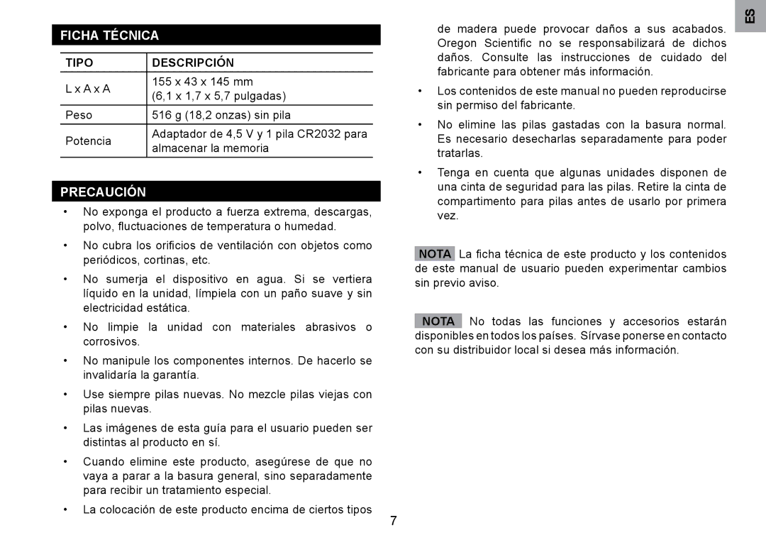 Oregon Scientific RM901A user manual Ficha Técnica, Precaución, Tipo Descripción 