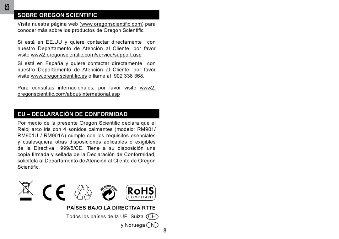 Oregon Scientific RM901A user manual Sobre Oregon Scientific EU Declaración DE Conformidad, Países Bajo LA Directiva Rtte 