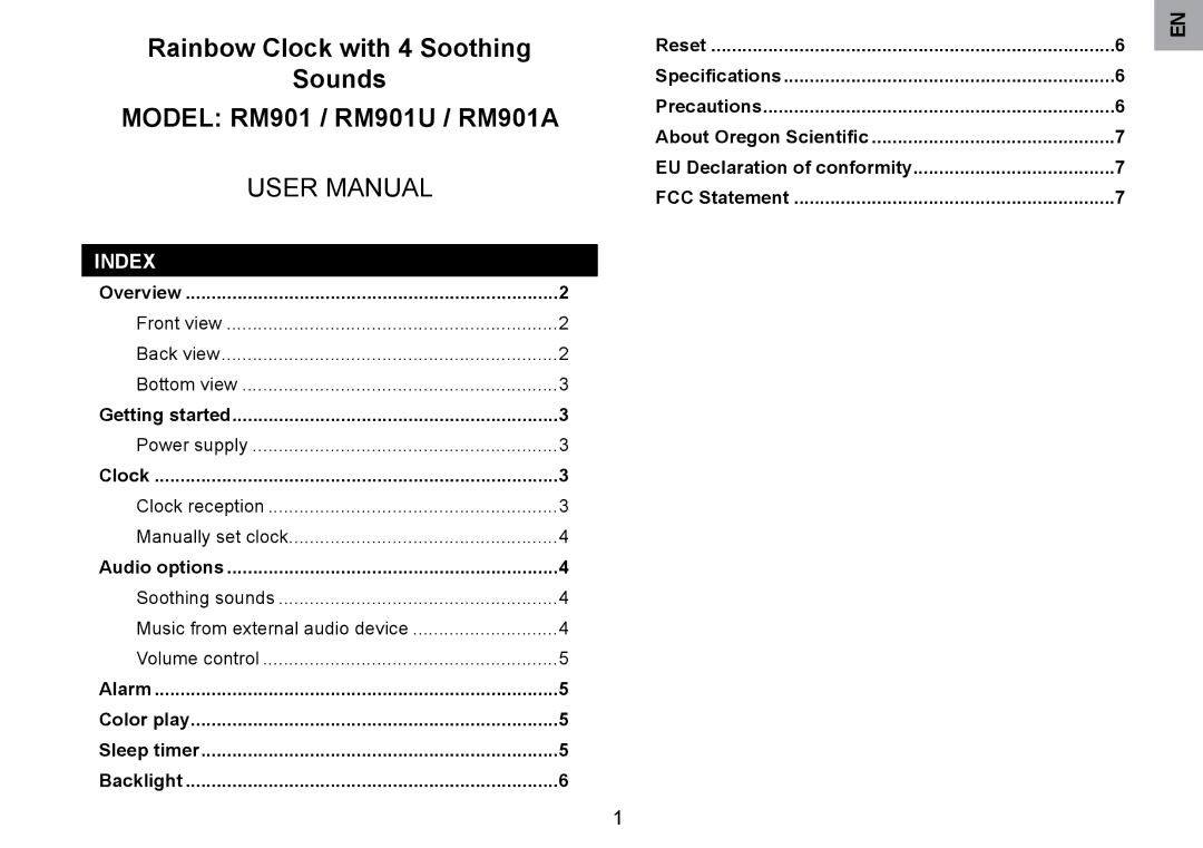 Oregon Scientific RM901A user manual Index, Overview, Getting started, Clock, Audio options 