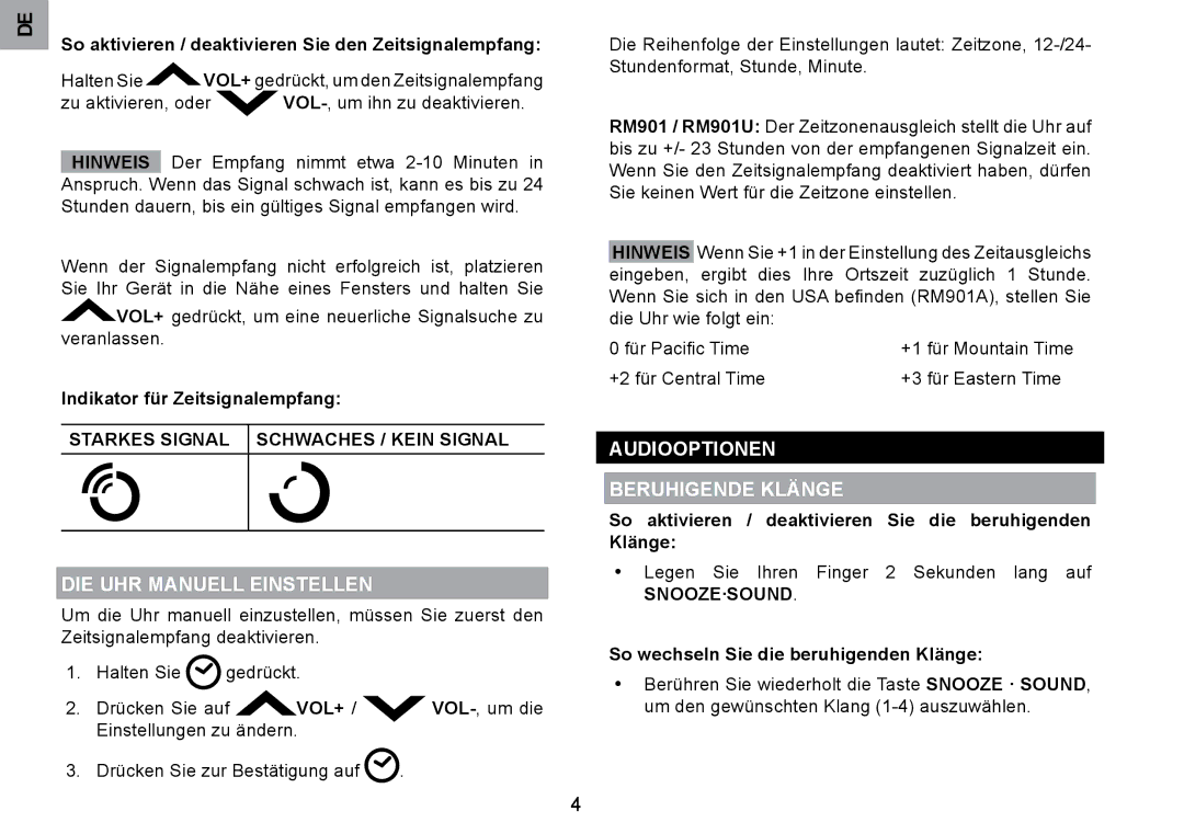 Oregon Scientific RM901A user manual DIE UHR Manuell Einstellen, Audiooptionen Beruhigende Klänge, Snooze·Sound 