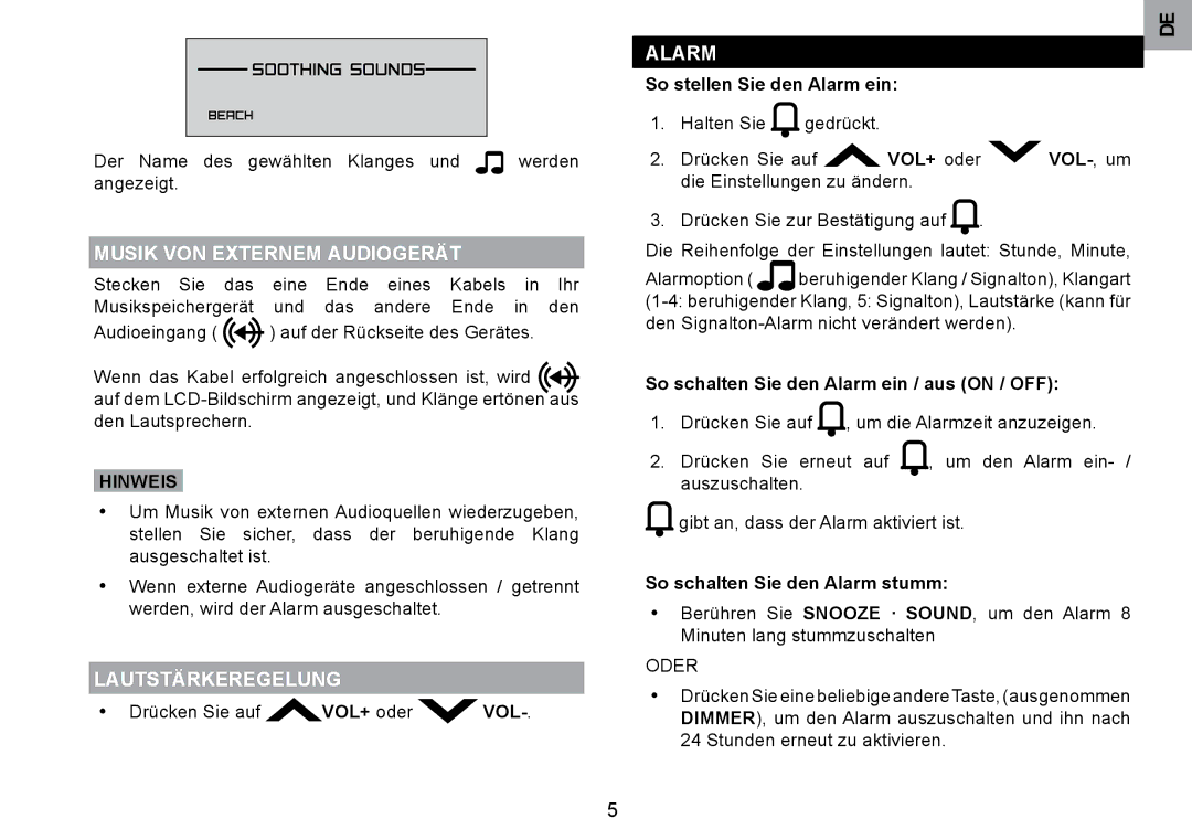 Oregon Scientific RM901A user manual Musik VON Externem Audiogerät, Lautstärkeregelung, Hinweis 