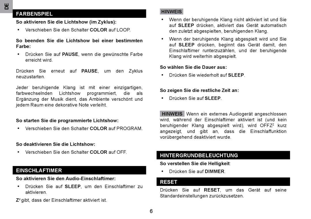 Oregon Scientific RM901A user manual Farbenspiel, Einschlaftimer, Hintergrundbeleuchtung 