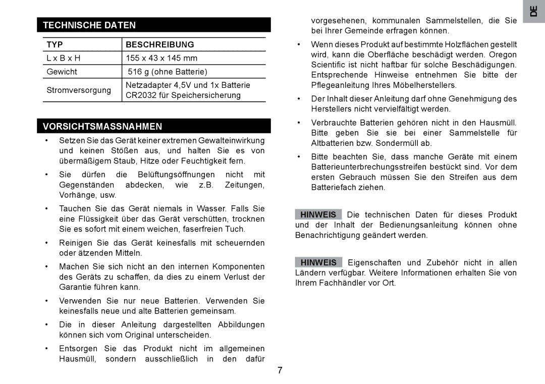 Oregon Scientific RM901A user manual Technische Daten, Vorsichtsmassnahmen, TYP Beschreibung 