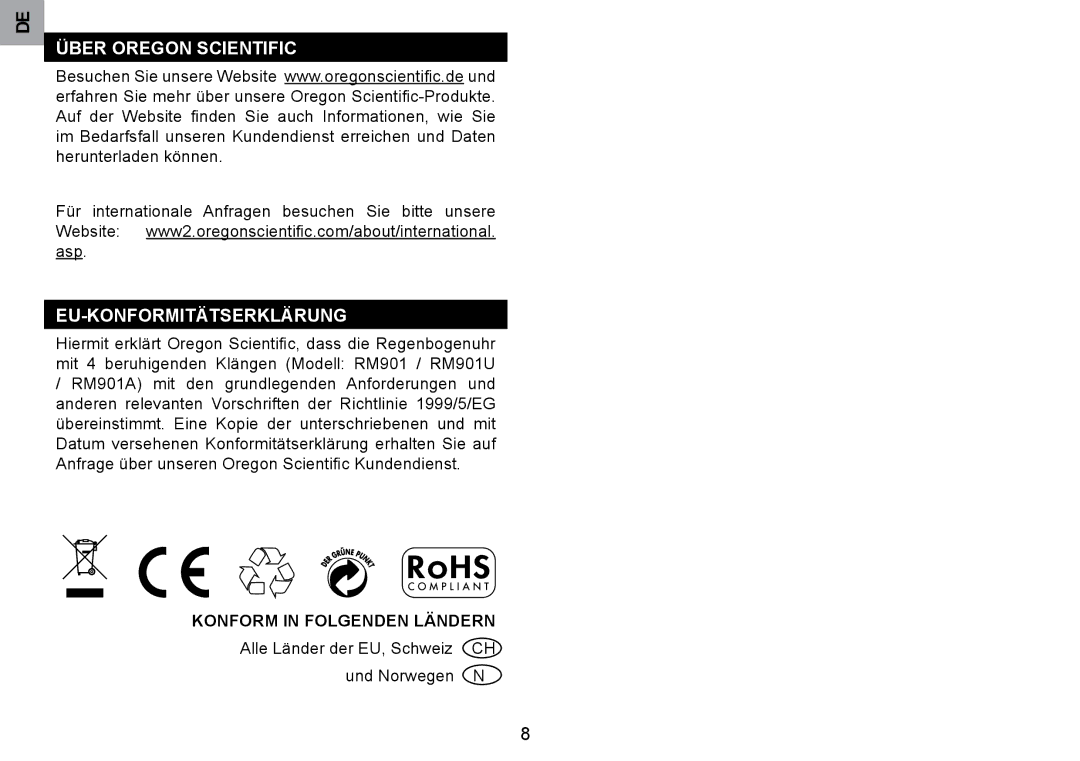 Oregon Scientific RM901A user manual Über Oregon Scientific EU-KONFORMITÄTSERKLÄRUNG, Konform in Folgenden Ländern 