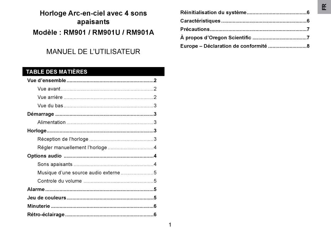 Oregon Scientific RM901A user manual Table DES Matières, Vue d’ensemble, Démarrage, Horloge, Options audio 