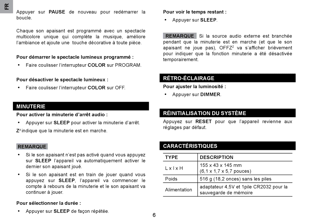 Oregon Scientific RM901A user manual Rétro-Éclairage, Minuterie, Réinitialisation DU Système, Caractéristiques 