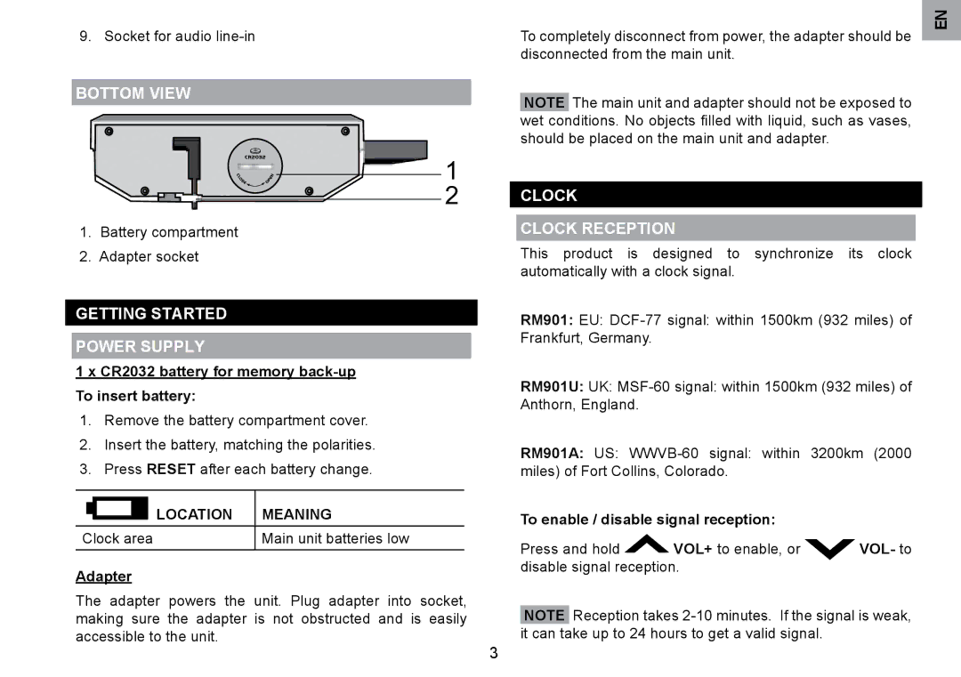 Oregon Scientific RM901A user manual Bottom View, Getting Started Power Supply, Clock Clock Reception, Location Meaning 