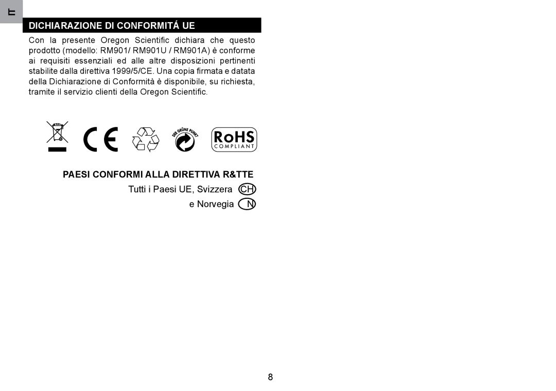 Oregon Scientific RM901A user manual Dichiarazione DI Conformitá UE 