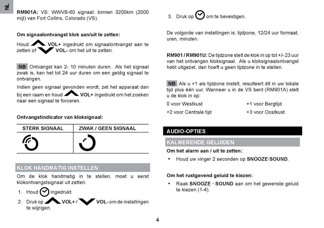 Oregon Scientific RM901A Klok Handmatig Instellen, AUDIO-OPTIES Kalmerende Geluiden, Sterk Signaal Zwak / Geen Signaal 