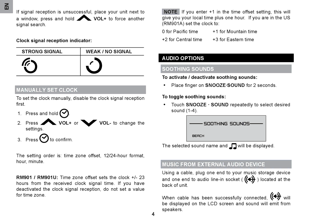 Oregon Scientific RM901A user manual Manually SET Clock, Audio Options Soothing Sounds, Music from External Audio Device 