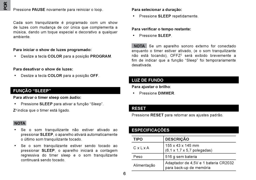 Oregon Scientific RM901A user manual Função Sleep, LUZ DE Fundo, Especificações, Tipo Descrição 