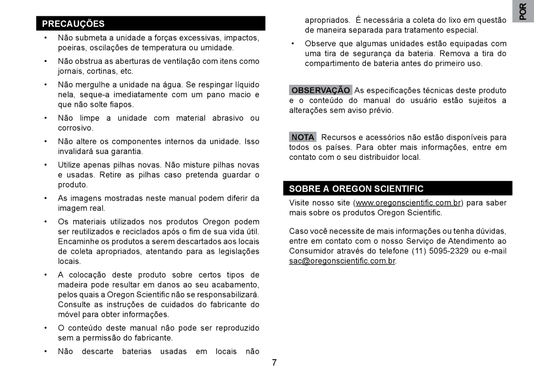 Oregon Scientific RM901A user manual Precauções, Sobre a Oregon Scientific 